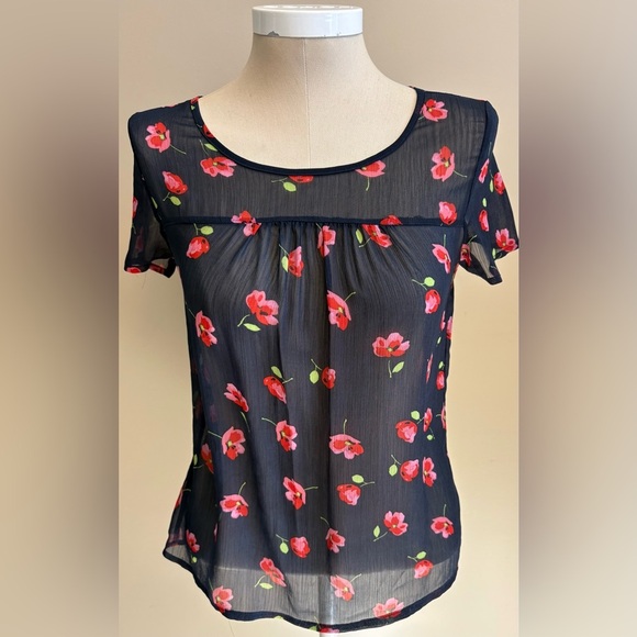 OK by Koton Navy Blue Red flower printed sheer beautiful Blouse women's Small - Picture 1 of 8